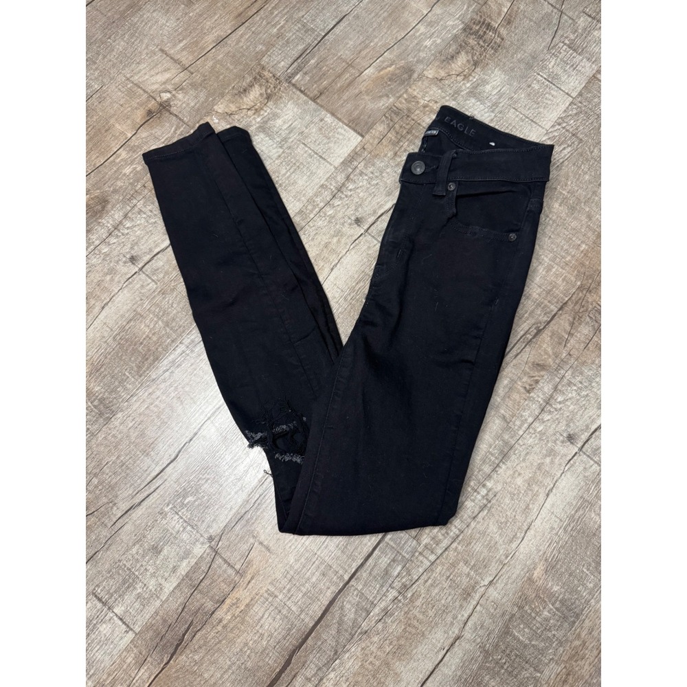 American Eagle Next Level Stretch Skinny Jeans Black Distressed Knee Womens 2